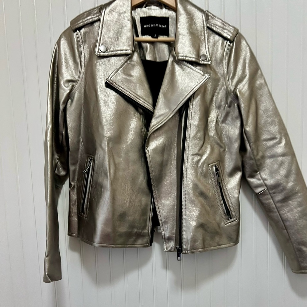 M Who What Wear Metallic Silver & Gold Faux Leather Moto Jacket